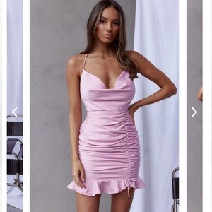 Selfie Leslie-Harriet Cowl Neck Ruched Satin Mini Dress Blush size S